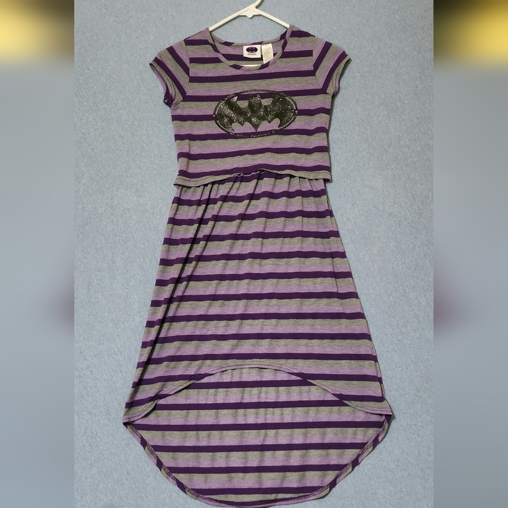 Batgirl purple gray black glittery logo striped short sleeved high low dress. L